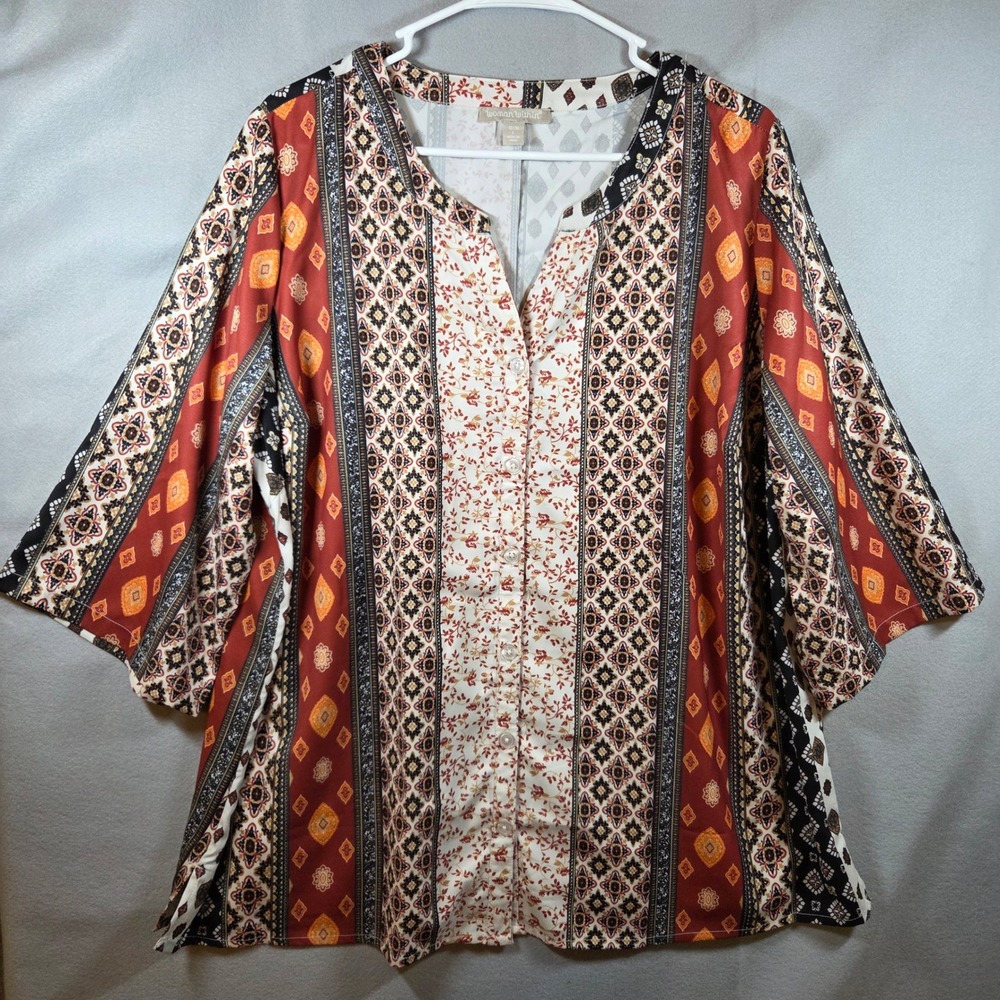 Woman Within Mixed Medallion‎ Floral Button Front Tunic Top Boho 18/20 L